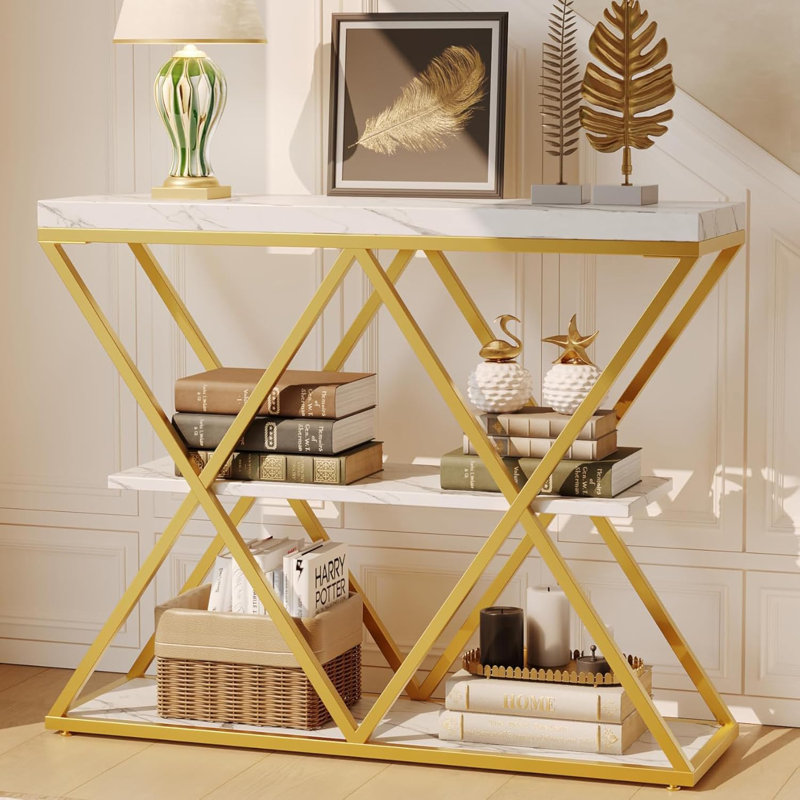 Console avec tables de canapé dorées et table d'entrée étroite avec rangement et tablettes