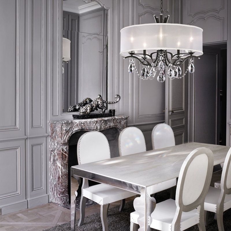 Vesca 5 Light 24in x 20in Chandelier with Gold Drum Shade in White with Clear Radiance Crystal, Czech, Gold, White
