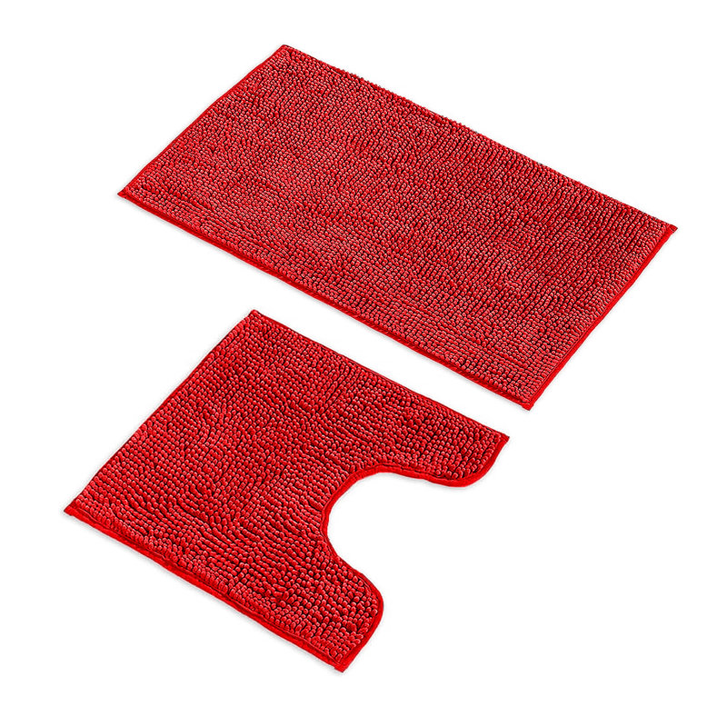 2 Piece Set Mustard Soft Cozy Plush Chenille Bath Mat Bathroom Rug, Red