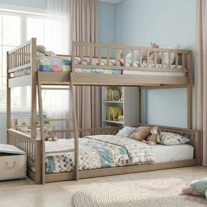 Solid Wood Full XL Over Queen Bunk Bed with Ladder and Guardrails for Bedroom, Walnut