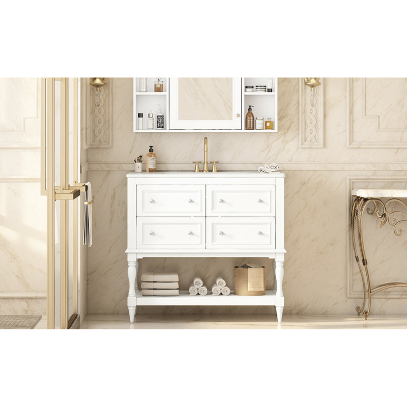 Meuble-lavabo blanc 36 po, structure en bois massif, 4 tiroirs, lavabo encastré en céramique, grand espace de rangement blanc de 36 po, lavabo en bois, surface dissimulée