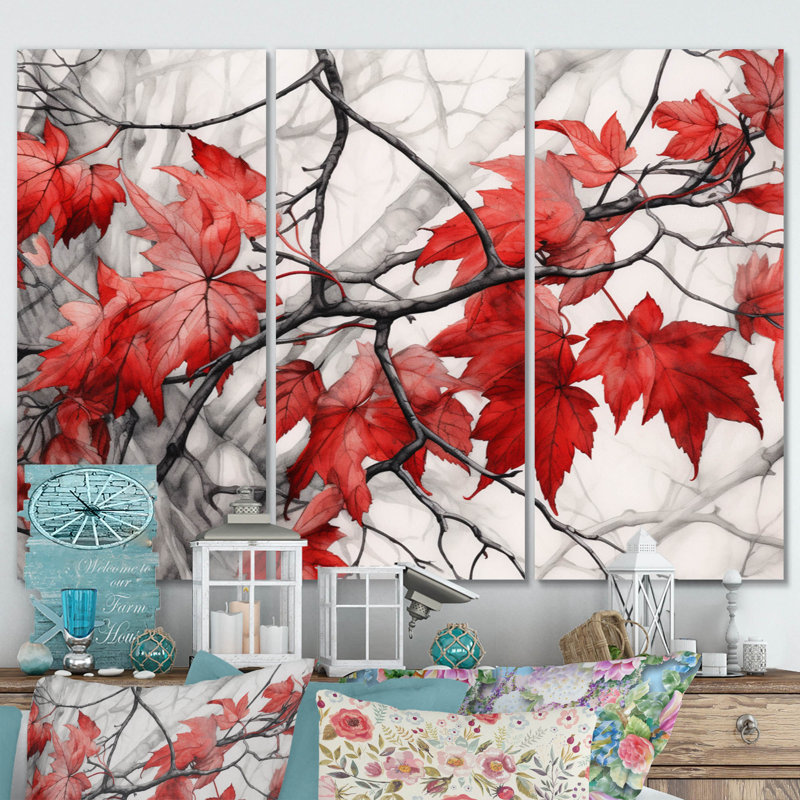 «Red Grey Leaves On Tree VII» sur toile, reproduction de 3 pièces, H 40 po x l 60 po x P 1 po