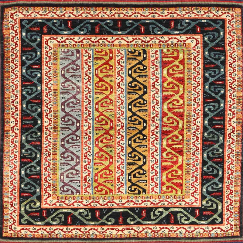 Tapis contemporain noir / bleu, Carré 7 pi