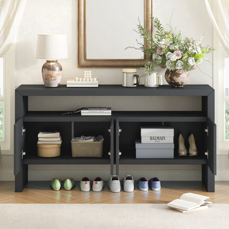 Buffet U-Style en placage de bois massif de 60 po avec portes à fermeture en douceur, rangement double, idéal pour organiser les articles essentiels dans différentes pièces U-Style, console de 60 po, minimaliste moderne, double, articles pour la maison