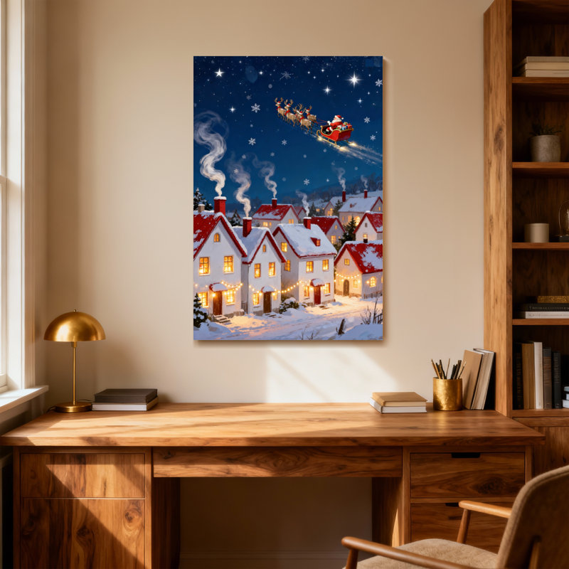 Village de Noël avec traîneau du Père Noël dans le ciel, H 18 po x l 12 po