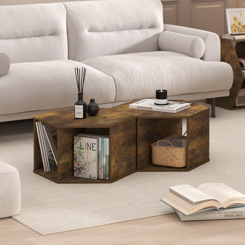 Table basse hexagonale moderne avec tablette de rangement ouverte, Pin ambré / brun