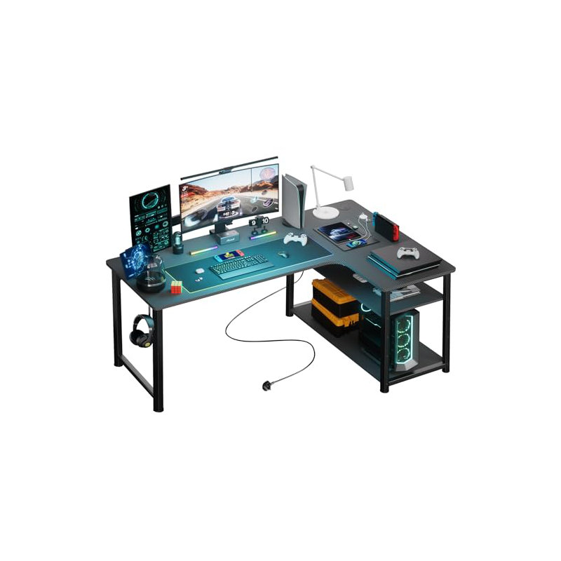 Hofstra L-Shaped Metal Base with Power Outlet Desk, 74cm H x 130cm W x 80cm D, Black