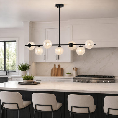 Modern 7-Light Black Kitchen Island Linear Pendant Lighting With Snowy White Glass Shades