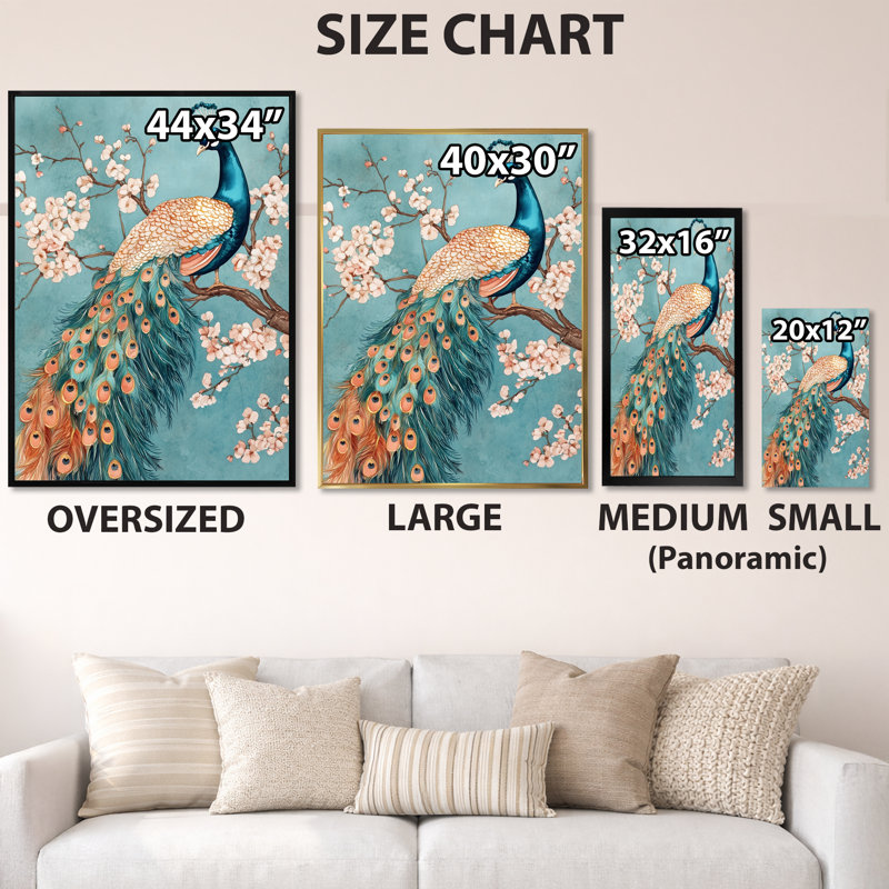 Paon bleu parmi les cerisiers en fleurs II - Tableau oriental encadré, 40" H x 30" W, Natural Picture Framed