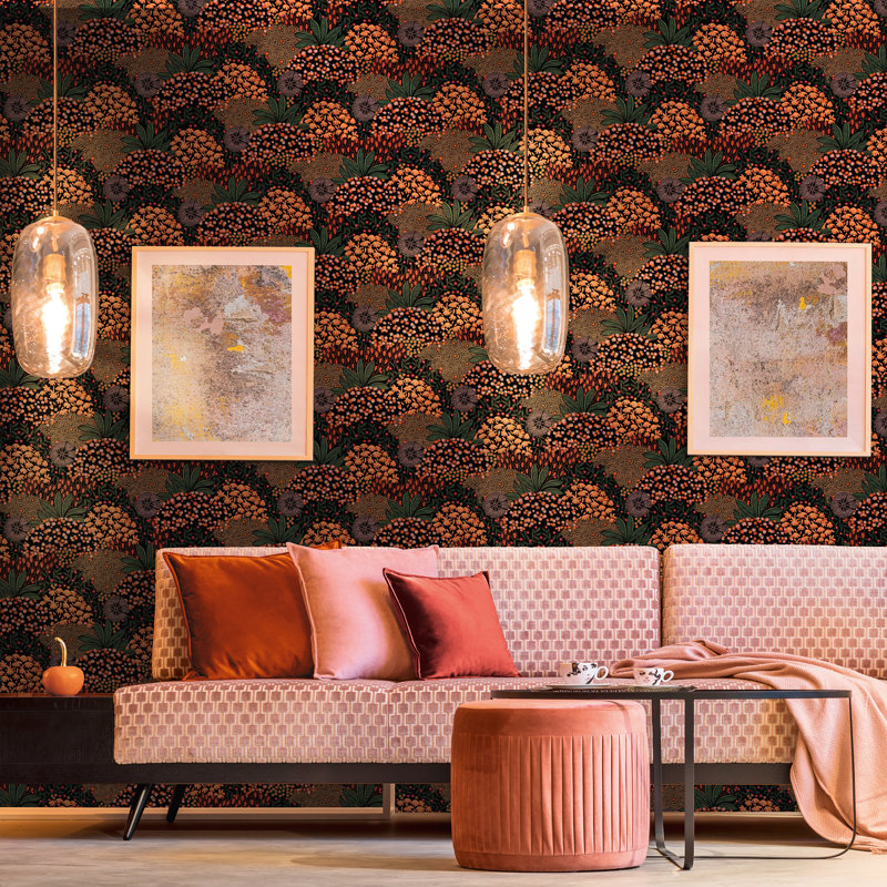 Spataro Forest Bloom Motif  10.05m x 53cm Textured Matte Wallpaper Roll, Orange/Green/Black