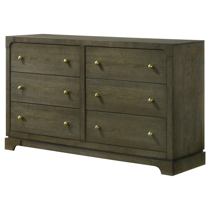 Commode large Seon, 6 tiroirs avec boutons en laiton, bois brun cacao foncé