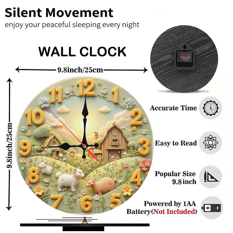 ferme scène horloge mignons animaux lever du soleil