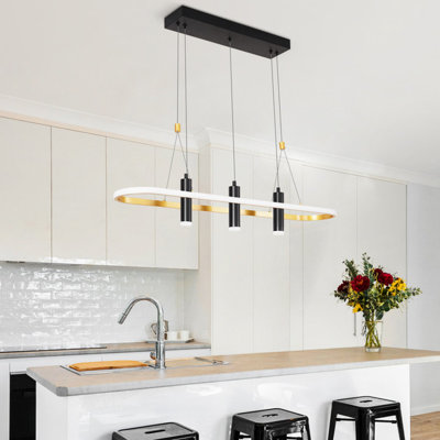 Noir / doré à 4 lumières à intensité variable - 5000 Lm, 45 W, forme linéaire, pour îlot de cuisine, bureau, luminaire suspendu 3 températures, table de salle à manger, chambre à coucher