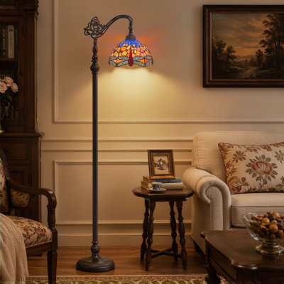 Foot Switch Arc Floor Lamp,11 Inch Stained Glass Shade,E26 Sockets with Aluminum Base for Home decor