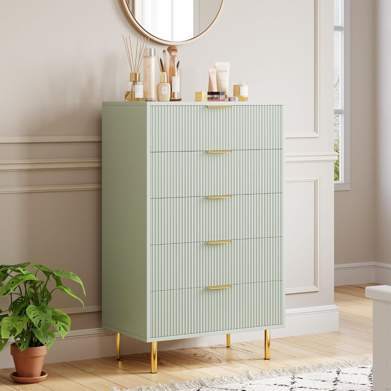 Commode moderne à 5 tiroirs avec poignée dorée et grand tiroir, Vert