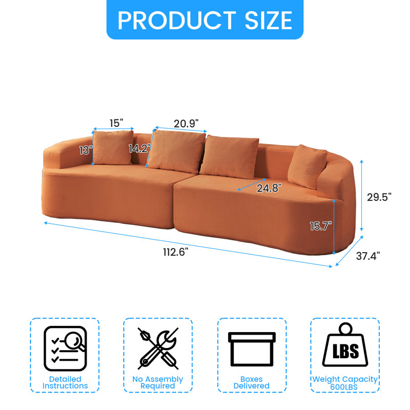 Causeuse incurvée compacte 37 po avec tissu chenille et 4 coussins, Orange