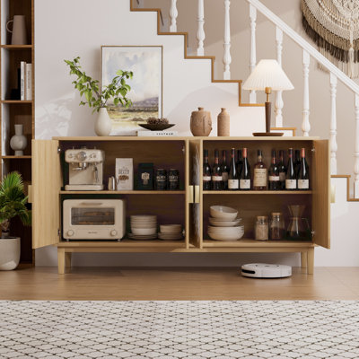 63" Vintage-Style Sideboard with Carved Double Doors and Natural White Finish