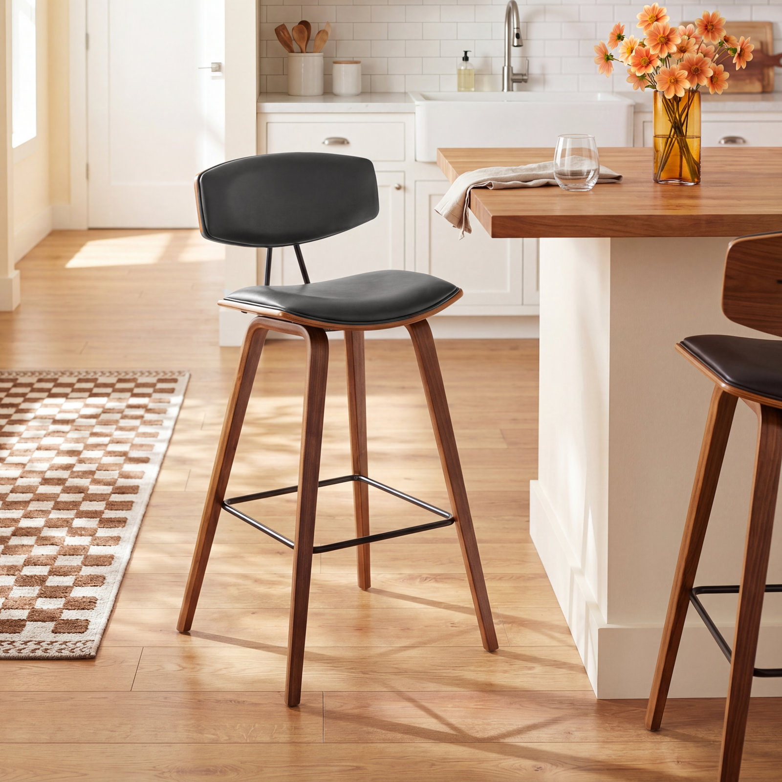 Bilgin 29" Bar Stool, Counter Stool (26" Seat Height), Gray Faux Leather, Walnut