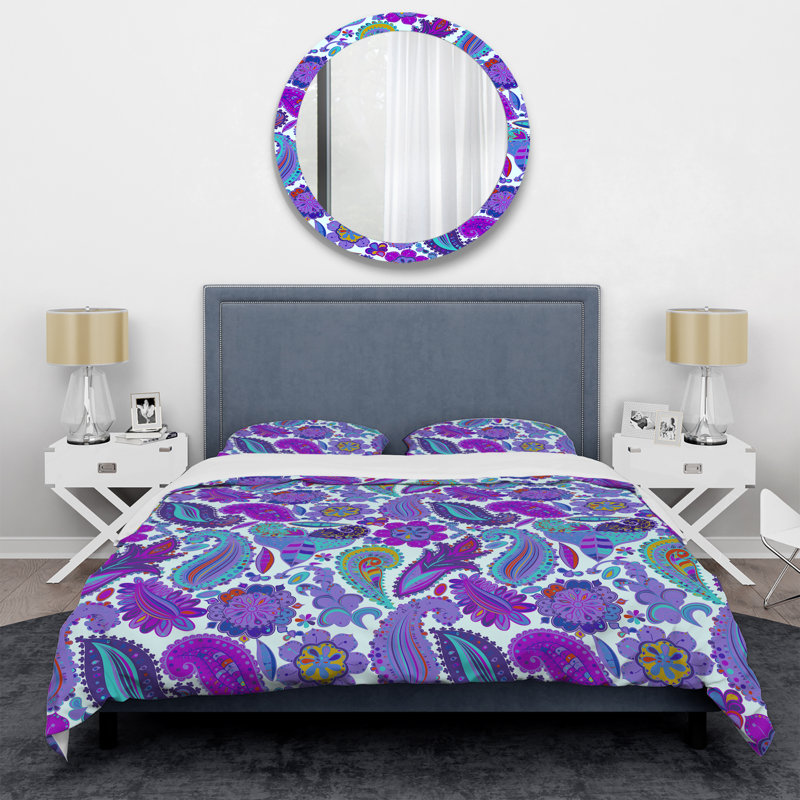 Ensemble de housse de couette à motif floral à motif cachemire mauve et bleu, Twin Duvet Cover + 2 Standard Shams