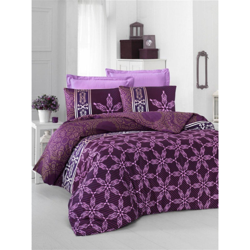 Ensemble de housse de couette luxueux en satin 100% coton luxueux, 78,7 po x 86,6 po | 210 taies d'oreiller à densité de tissage 210 fils (2 pièces, 31,5 po x 31,5 po) | Lavable à la machine, lilas élégant et design blanc pour les chambres élégantes