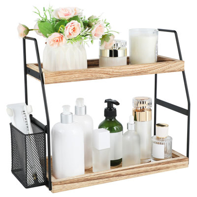 Organisateur de comptoir de salle de bain, étagère de rangement sur pied à 2 niveaux avec panier, plateau en bois pour organisateur de meuble-lavabo