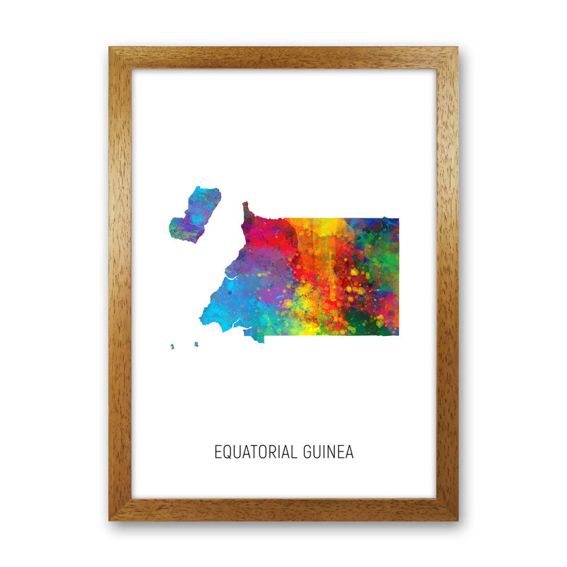 Equatorial Guinea Watercolour Map by Michael Tompsett - Print, Brown Framed, 88cm H x 64cm W x 3cm D