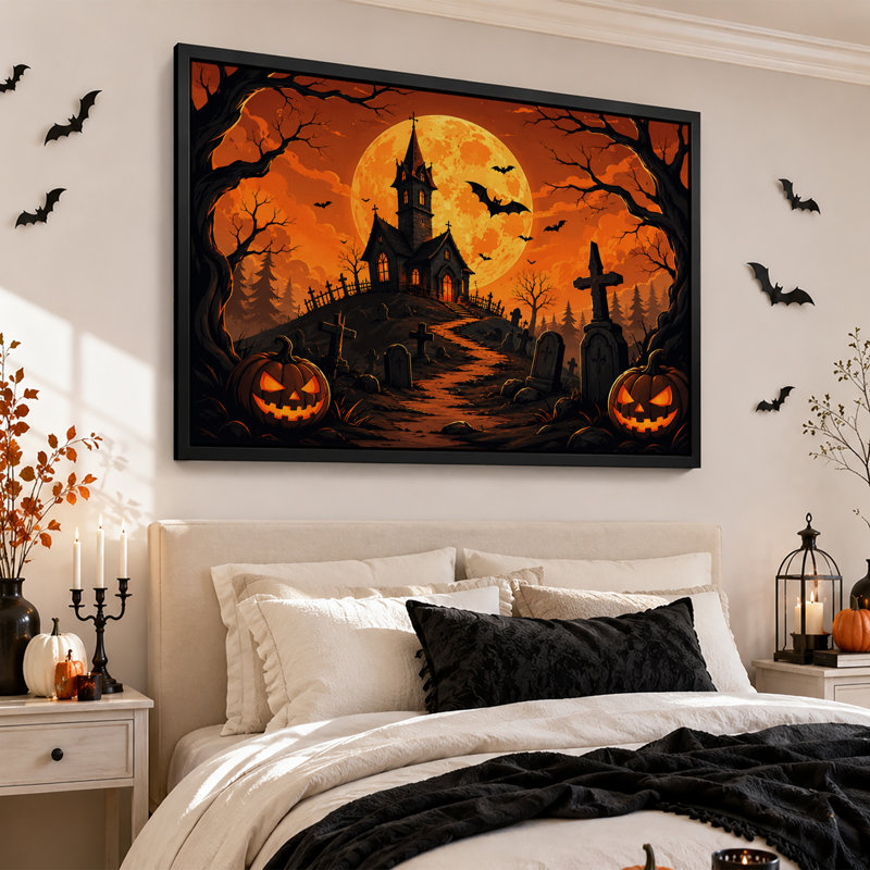 «Gothic Church and Graveyard with Pumpkins Under Halloween», art mural sur toile, H 16 po x l 24 po