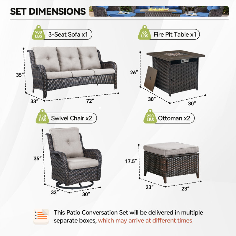 Wendye 6-Piece Outdoor Furniture Sofa Set With 2 Swivel Chairs, 2 Ottomans & 55K BTU Fire Pit Table, Brown, Beige