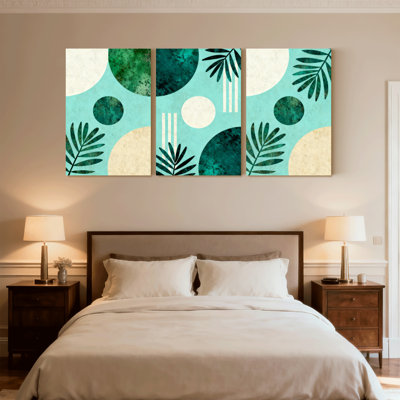 Ensemble de 3 reproductions d'art contemporain sur toile à motif abstrait de feuilles tropicales et de cercles