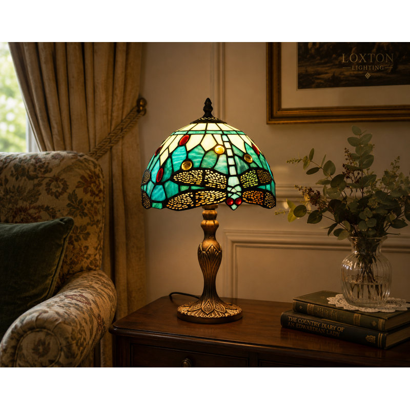 Kull Classic Tiffany Style Table Lamp, 20cm Stained Glass Dragonfly Shade, 37cm Height, (Aqua Blue)