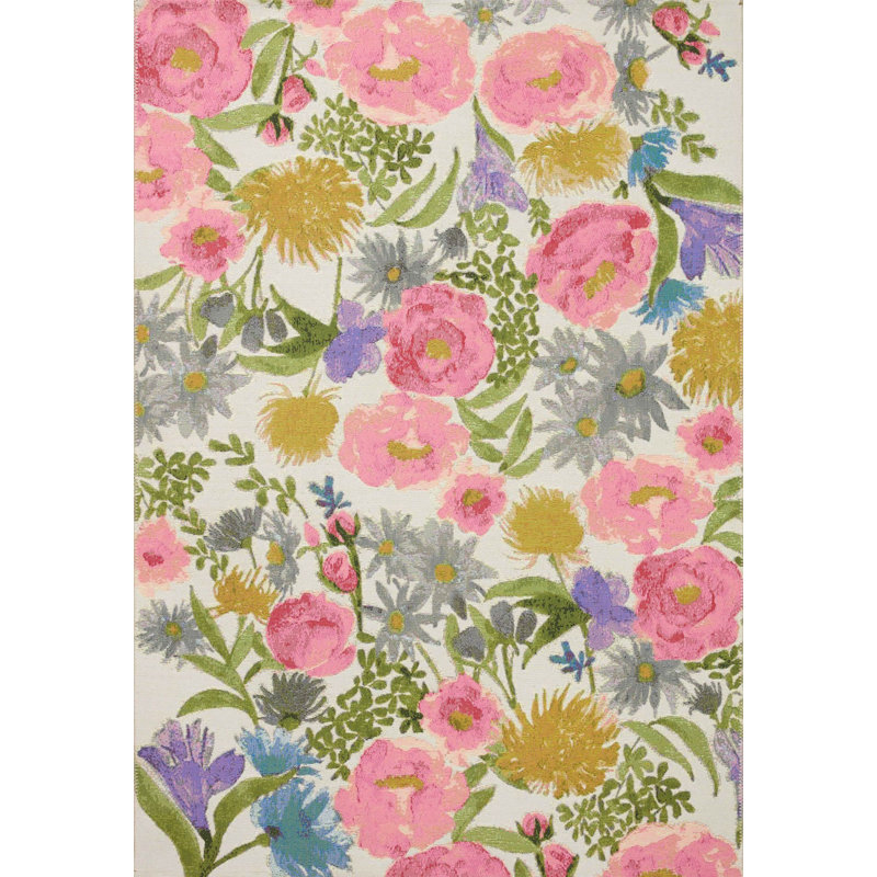 Tapis blanc tissé à motif floral pastel, Tapis de couloir 3 pi 3,37 po x 6 pi 6,74 po