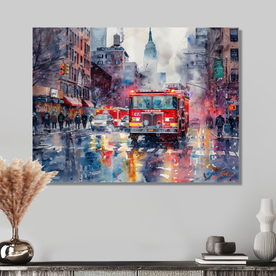 «Red Fire Truck In New York II - Fireman», reproduction d'art murale