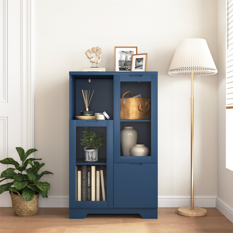 Wooden Floor Cabinet with 2 Glass Doors and 2 Storage Spac, Blue