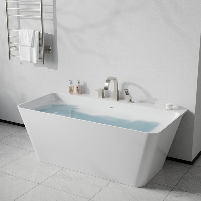 Vault Series 59 In. X 30 In. Flat Bottom Acrylic Freestanding Soaking Bathtub With Center Drain, Faucet, Brushed Nickel