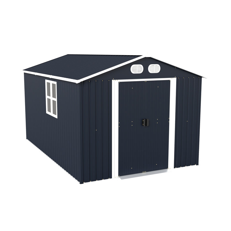Abri de jardin en métal gris foncé, 3,4 m x 2,2 m, avec éléments en bois.