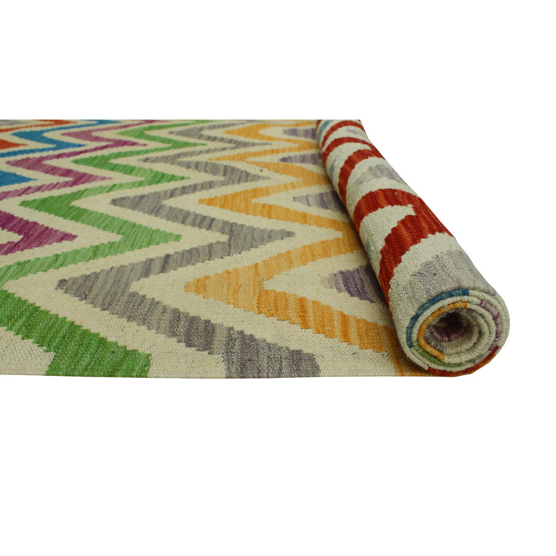 Tapis vert / rouge / jaune en laine noué à la main de conception unique 8 pi 3 po x 9 pi 7 po Jamyleth
