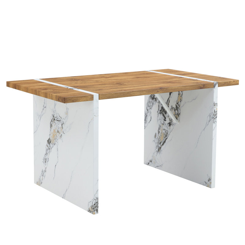 Natural Wood Grain MDF Dining Table - 55"X31.5" Stable Design.Suitable For Various Modern  Styles.Splicing Structure Design,Wood Textured Desktop,White Marble Patterned Table Legs.