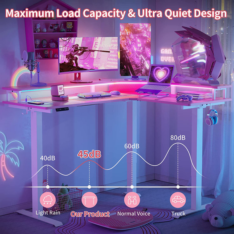Marquila Adjustable L-Shaped Metal Base Standing Desk, Pink/White