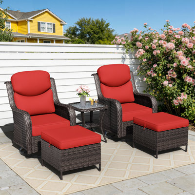 Adcox 2-Person Outdoor Patio Conversation Rattan Seating Group With 2 Ottomans,2 Swivel Chairs and Red Cushions
