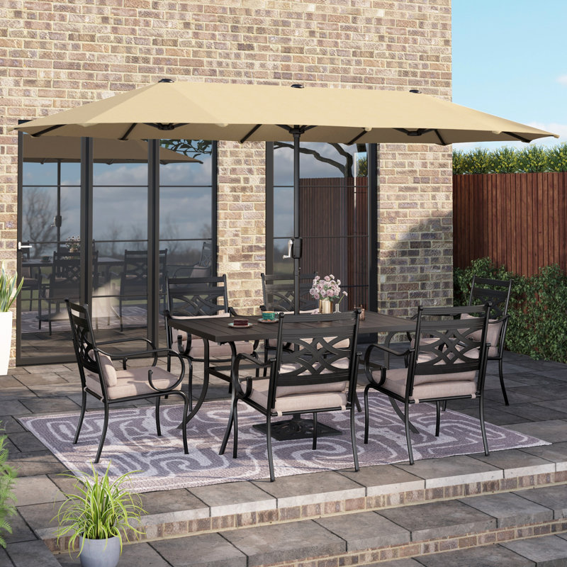 Aivo 6 - Person Rectangular Outdoor Patio Dining Set with Umbrella, Cushions & Pillows, Beige
