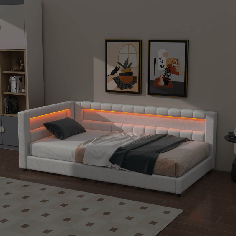 Twin XL Size Upholstered Daybed With Built-In Storage, L-Shaped Design With LED Strip And USB Ports, Linen Fabric Bed Frame