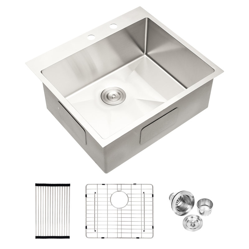 Stainless Steel Drop In Basin Sink 25", 16 Gauge And Resilient, Scratch- Finish, Noise Reduction Feature, Include Clips Basket Strainer High Durability, Deep Single Bowl For Maximum Utility,