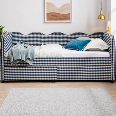 Lit de jour simple en vichy confortable avec deux tiroirs de rangement et port USB, adorable canapé-lit en lin en forme de vague, pour la chambre à coucher ou la chambre d'amis, aucun sommier nécessaire