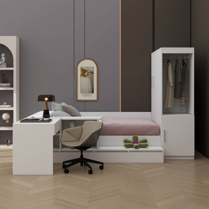 Lit plateforme double en bois avec 6 tiroirs, tablettes, bureau et garde-robe, Blanc