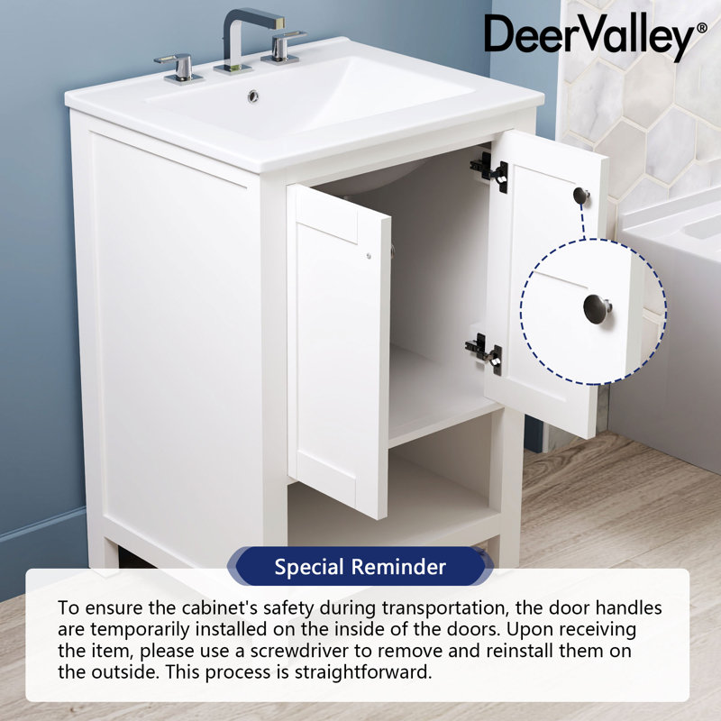 24" White Freestanding Bathroom Vanity with Ceramic Top and Woven Basket