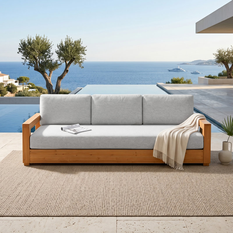 3-Person Solid Wood Patio Sofa With Cushions, Gray