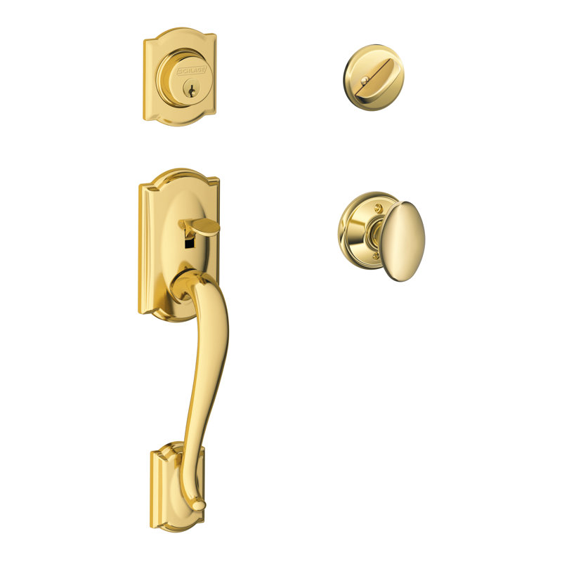 Camelot Handleset with Single Cylinder Deadbolt and Siena Door Knob and Rosette, Lifetime Brass