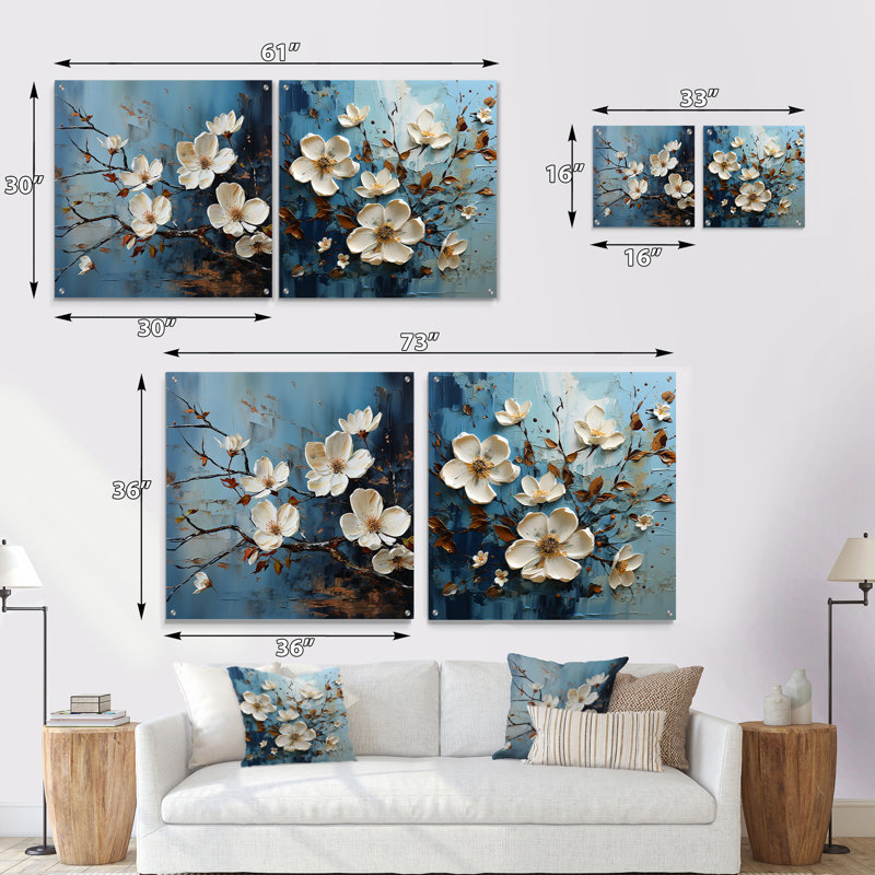 Dogwood Charm Beauty - ensemble de 2 peintures murales en acrylique, H 16 po x l 33 po