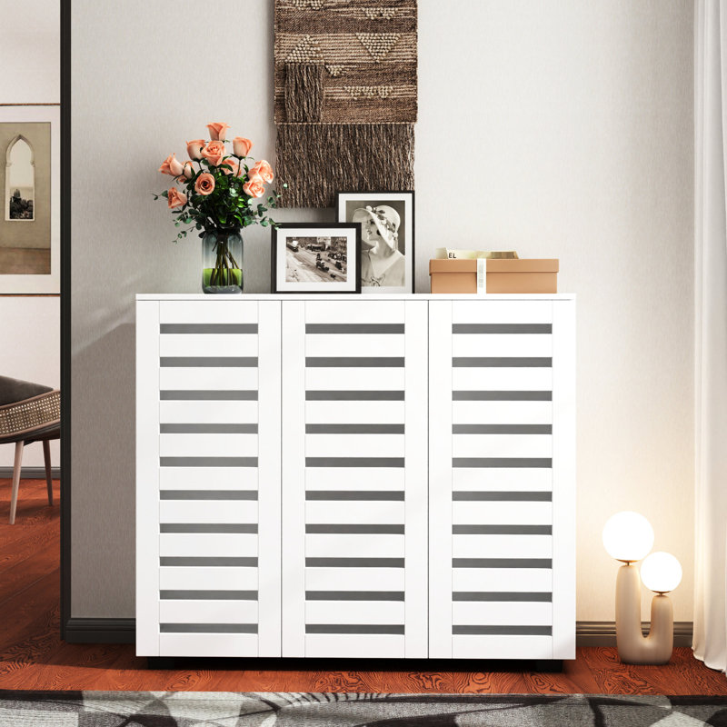 Range-chaussures, range-chaussures à 5 niveaux avec tablettes réglables, range-chaussures en bois avec portes à persiennes pour vestibule, couloir, chambre à coucher, placard, salon