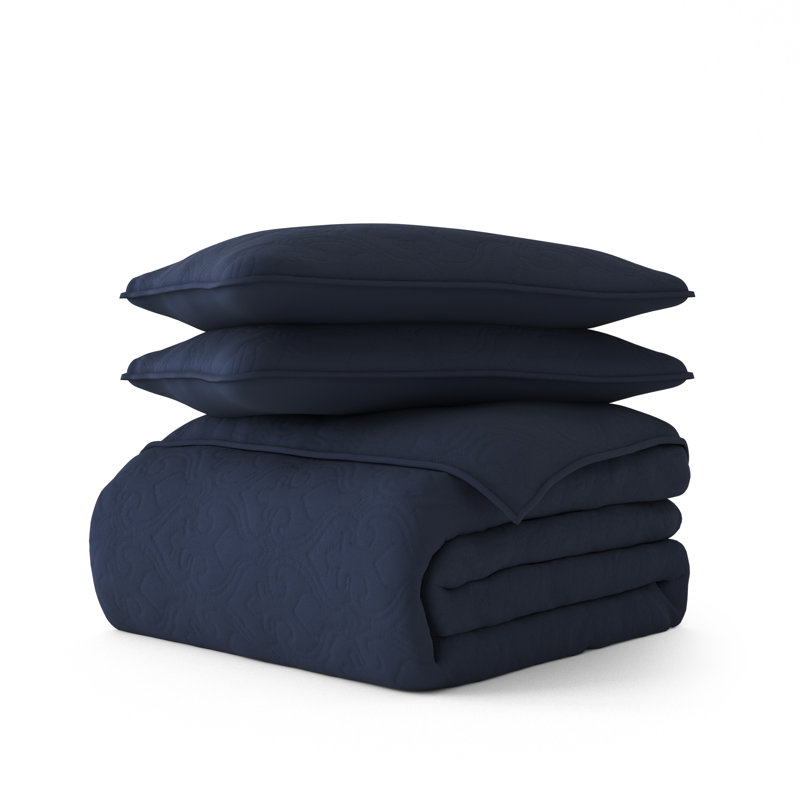 Becky Cameron Damask Pattern Lightweight Quilted Coverlet Set, Navy, King/Cal. King Coverlet + 2 King Shams